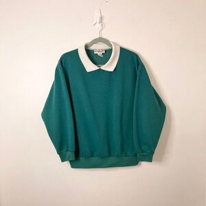 Vintage 90s Collar Sweatshirt Pullover Bridge Gate Teal White L Preppy Retro